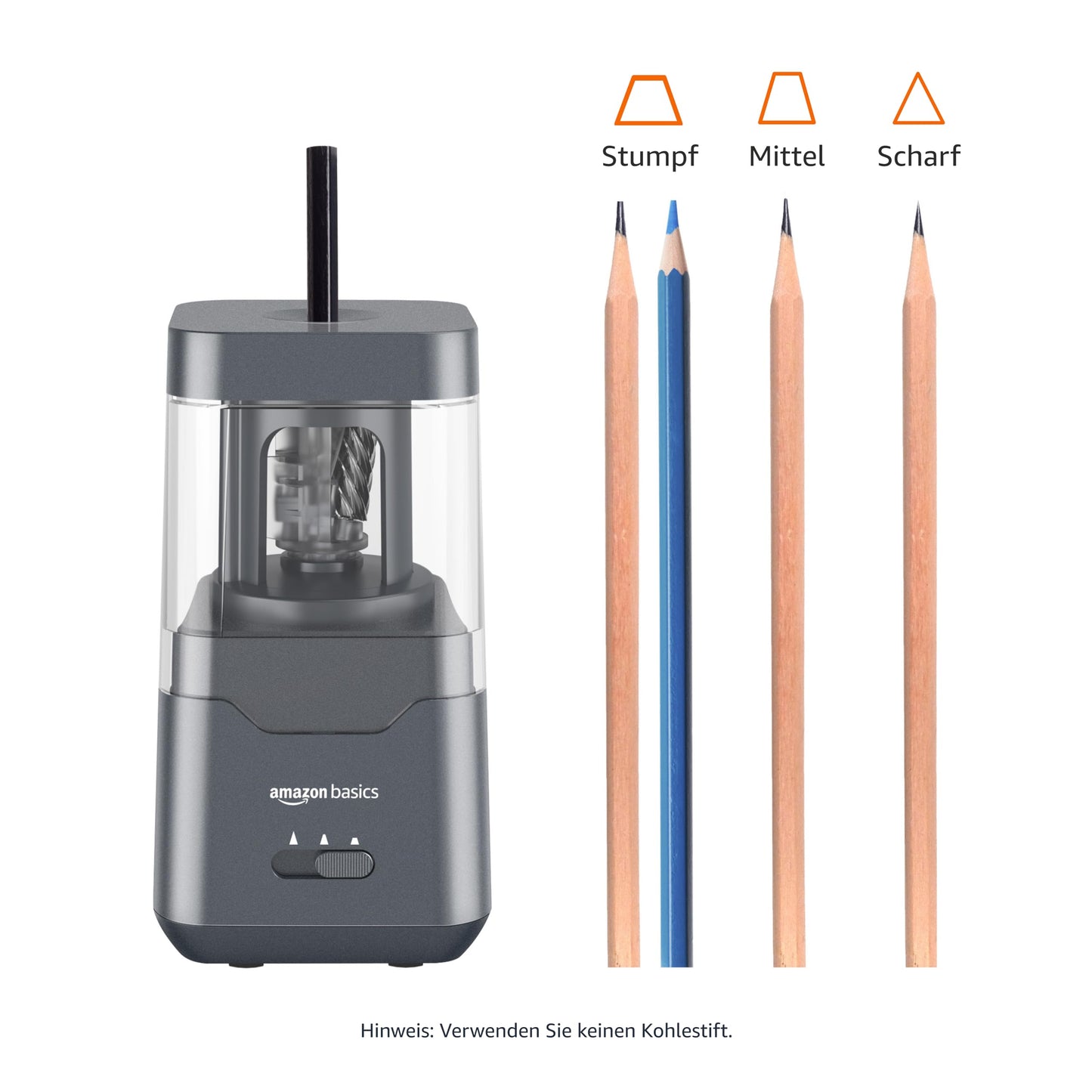 Amazon Basics Portable Electric Pencil Sharpener, spiral blade, automatic stop, battery/USB-powered, Black, 7.1 x 7.1 x 13.46 cm