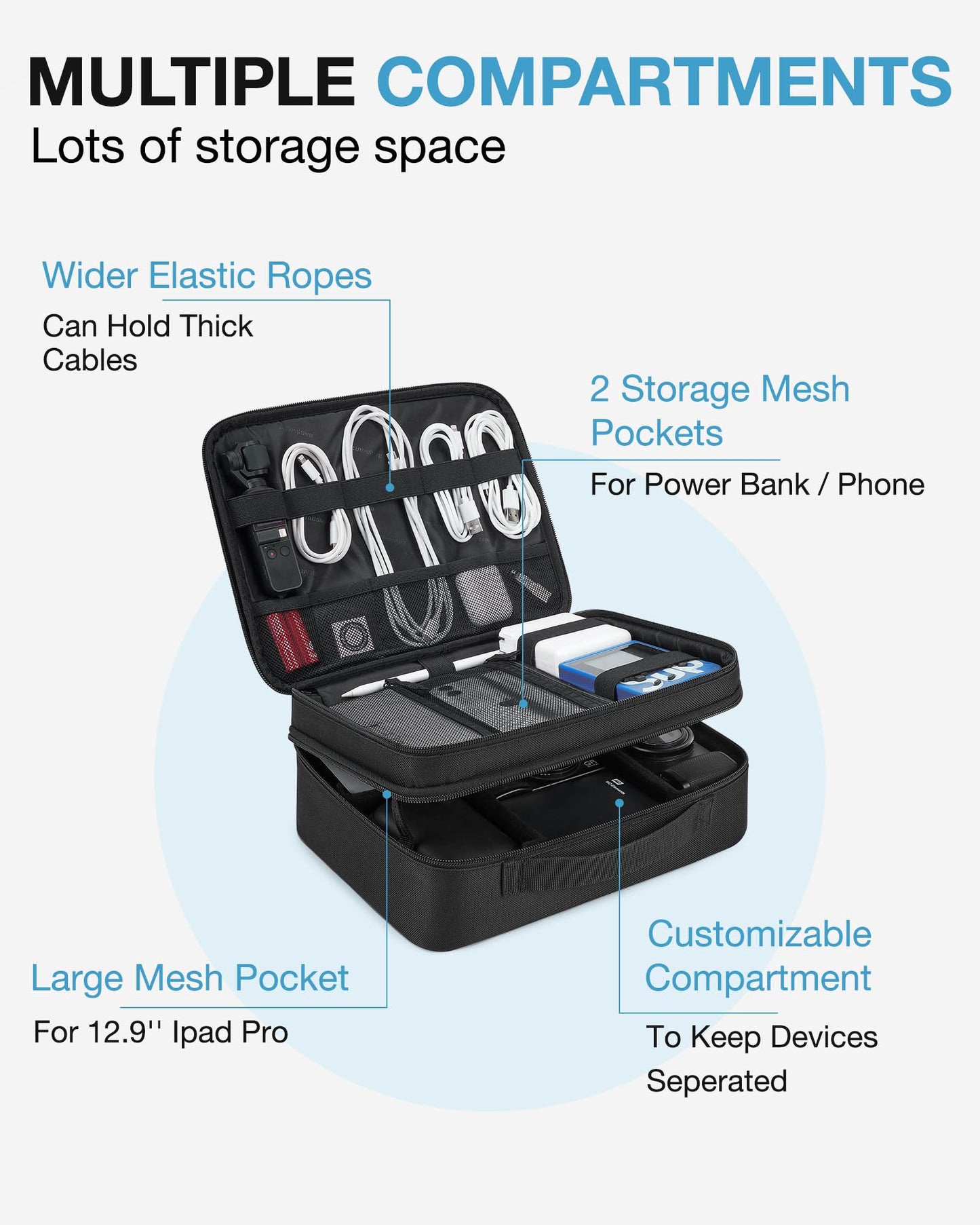 Bagsmart cable bag, double layer electronic organizer travel electronic bag for cables, charger, iPad, iPad Air, tablet up to 10.5 inches, adapter, mouse, SD cards (Black 1)