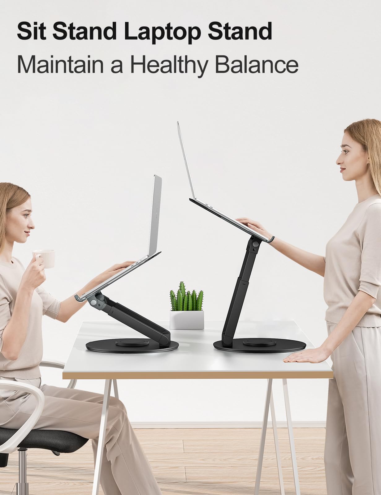Adjustable height laptop stand with 360° swivel base, ergonomic design, ideal for standing desks. Compatible with MacBook Pro and laptops 10-17 inches. Black color.