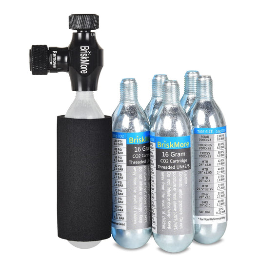 BriskMore CO2 inflator kit with 5 x 16g CO2 cartridges for bike tires, Presta and Schrader valve compatible, bike tire pump for mountain and road bikes, includes insulating sleeve.