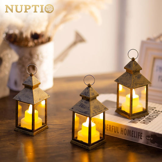 NUPTIO Small Lantern Gold Tealight - 20 Pieces Mini Indoor Lantern with Flickering LED Tea Lights Candles Black Hanging Vintage Moroccan Christmas Table Decor Wedding Living Room Oriental