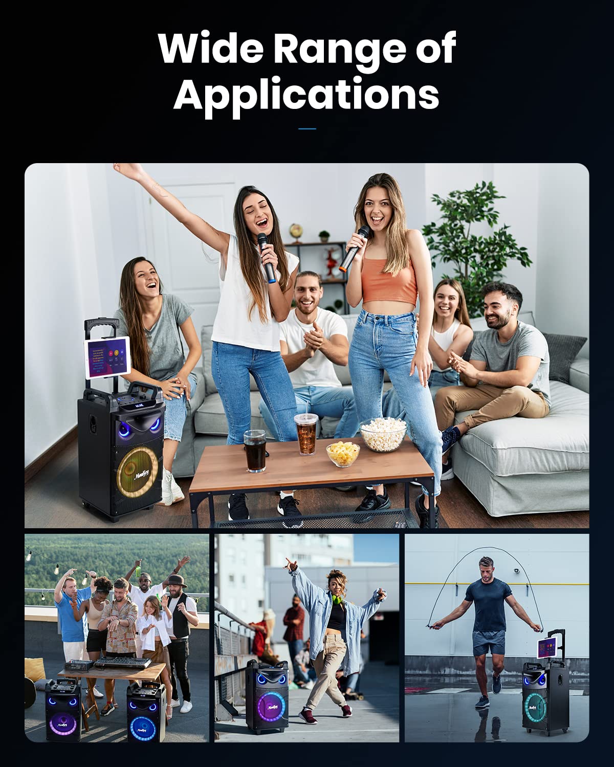 Moukey Karaoke Machine, Large karaoke system with 26cm woofer & 8cm tweeter & 2 microphones, Rechargeable Bluetooth speaker with light effect tablet holder TWS/Rec/AUX/USB/TF/FM for party.