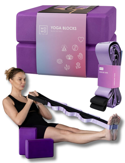 MOMO WAY Yoga Block with Yoga Strap 210cm Blocks Eva Foam Fitness Accessories for Pilates Stretches Back Training Yoga Band Yoga Blocks for Beginners And Advanced Blocks + Exercise Tape 3 Pieces