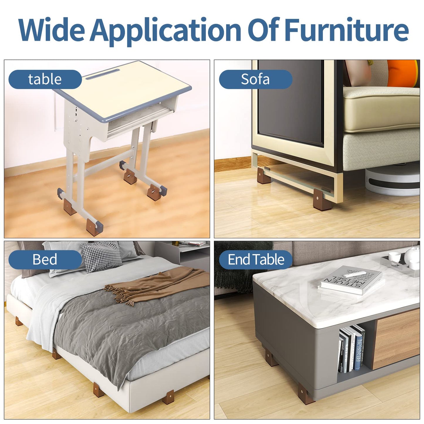 Ezprotekt Adjustable Bed Risers with Screw Clamp, 4"/10.2 cm Height, Durable Sofa Tables, fits square/round chair leg diameters of 0-3.8 cm, supports 20,000 lbs brown