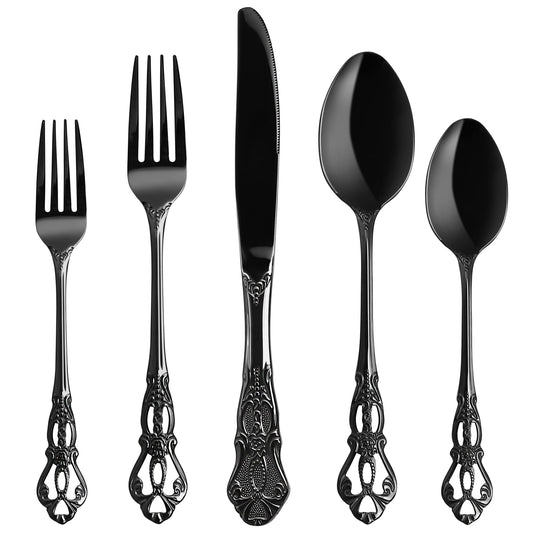 Black Royal 20-piece Cutlery Set, Black Cutlery Set for 4 made of stainless steel, Royal Black Cutlery Knife and Fork Set high-gloss polished dishwasher safe for wedding banquet gift.