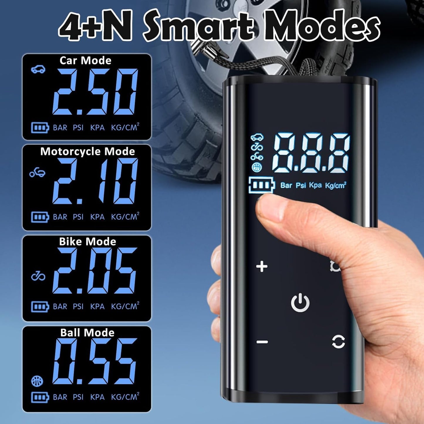 Electric air pump, 150 PSI portable battery compressor, 6000mAh bike pump air compressor for car bike motorcycle balls, touchscreen, rechargeable via USB-C, doubles as emergency light and power bank.