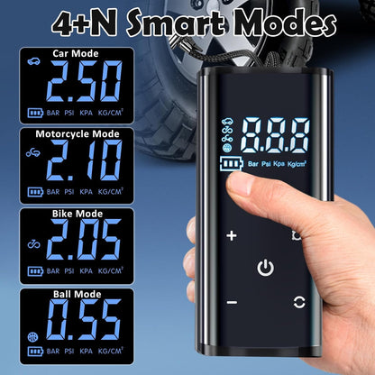 Electric air pump, 150 PSI portable battery compressor, 6000mAh bike pump air compressor for car bike motorcycle balls, touchscreen, rechargeable via USB-C, doubles as emergency light and power bank.