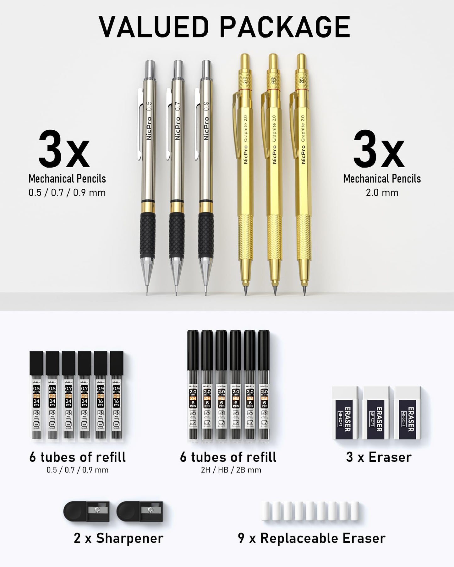 Nicpro 6 Piece Metal Mechanical Pencil Set with Case, Golden Pencils 0.5 & 0.7 & 0.9 & 2.0 mm Mechanical Pencil (2B HB 2H) with 12 Tubes of Lead, for Writing, Sketching, and Drawing