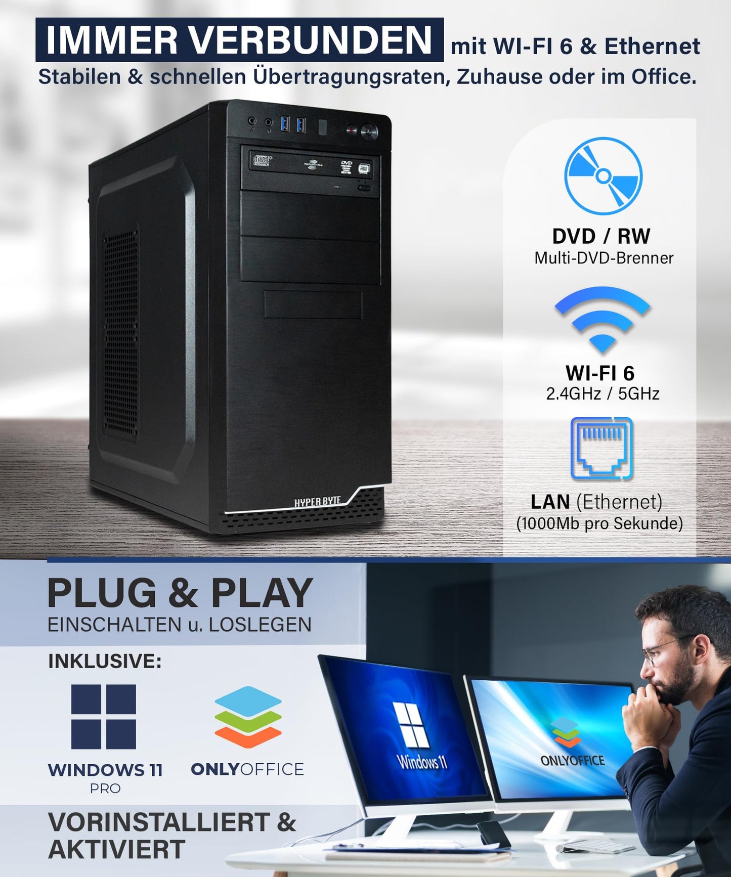 HYPER BYTE® Office PC - Computer with Intel Quad Core i7 at 3.9 GHz | 32GB RAM | 1TB SSD | Win 11 Pro | WLAN | DVD+RW | USB 3.0 | High End Office Tower-PC