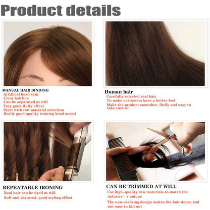 Mannequin head with 100% real hair, 45.7 cm, Dark Brown, Cosmetology, Practice Head, Doll heads with clamp holder and tools by SZCY LLC.
