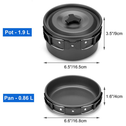 Odoland cookware set for 1-2 people, includes mini gas stove, portable aluminum pot, teapot, cups, foldable utensils. Perfect for camping, outdoor picnics, and hiking.