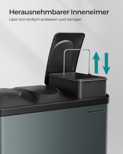 SONGMICS Kitchen Trash Can, Waste Separation System 3 Compartments, Garbage Bin, 45 Liter Metal Step Trash Can, 3 x 15 Liter, Step Trash Can with Lid, Steel, Green Grey-Ink Black LTB45G