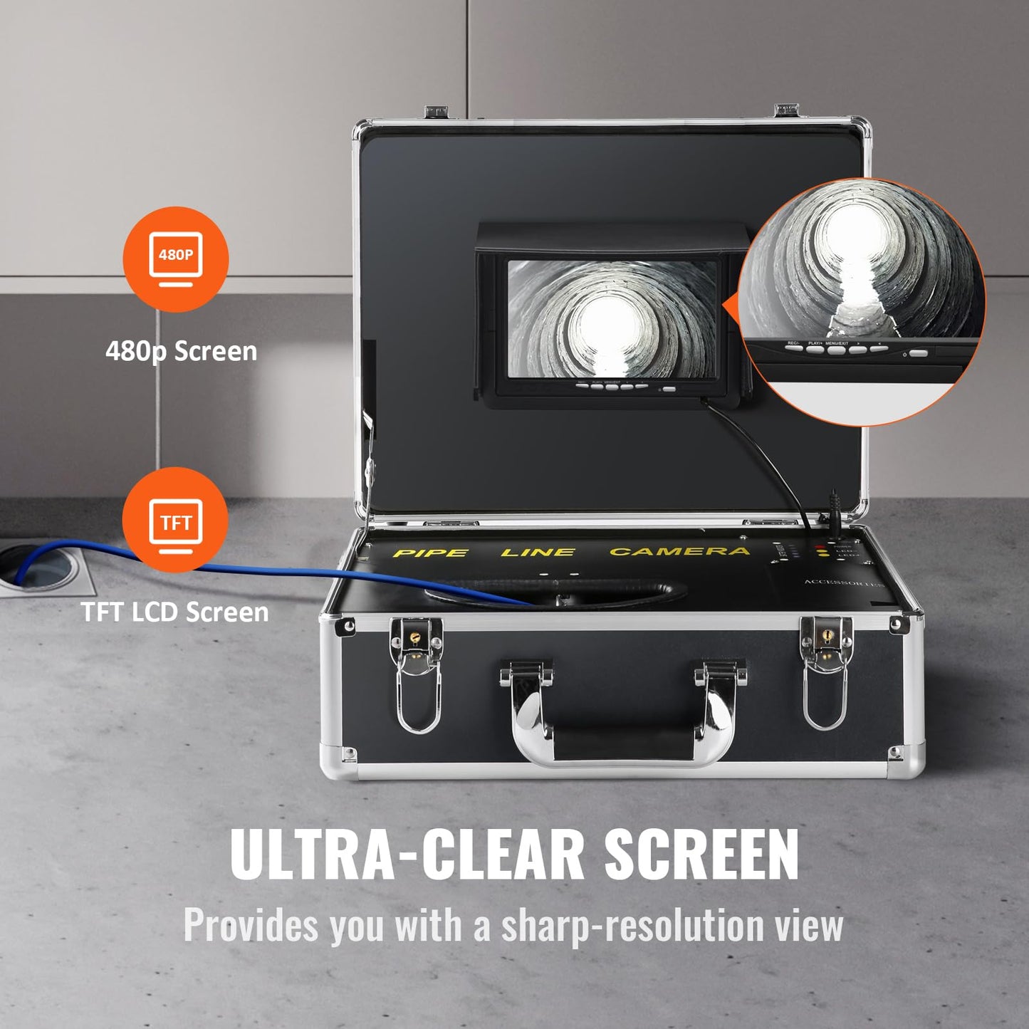 VEVOR 7" Professional Pipe Camera 20m Industrial Inspection Camera 1000TVL Endoscope Drain Camera 16GB SD Card IP68 Waterproof 480P Color Monitor DVR 4500mAh Lithium Battery 6 Hours Continuous Operation with Carrying Case.