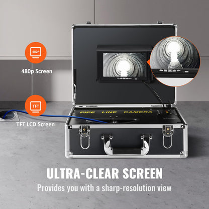 VEVOR 7" Professional Pipe Camera 20m Industrial Inspection Camera 1000TVL Endoscope Drain Camera 16GB SD Card IP68 Waterproof 480P Color Monitor DVR 4500mAh Lithium Battery 6 Hours Continuous Operation with Carrying Case.