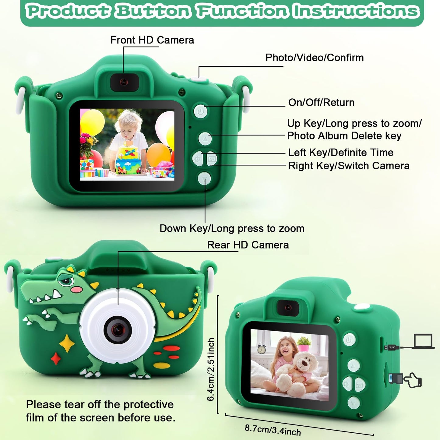 Children's camera, Camera for kids, 32GB, 1080P HD digital camera, Dinosaur toy camera for boys' Children's Day, back-to-school, and birthday gifts ages 3-12, Kids Camera Photography