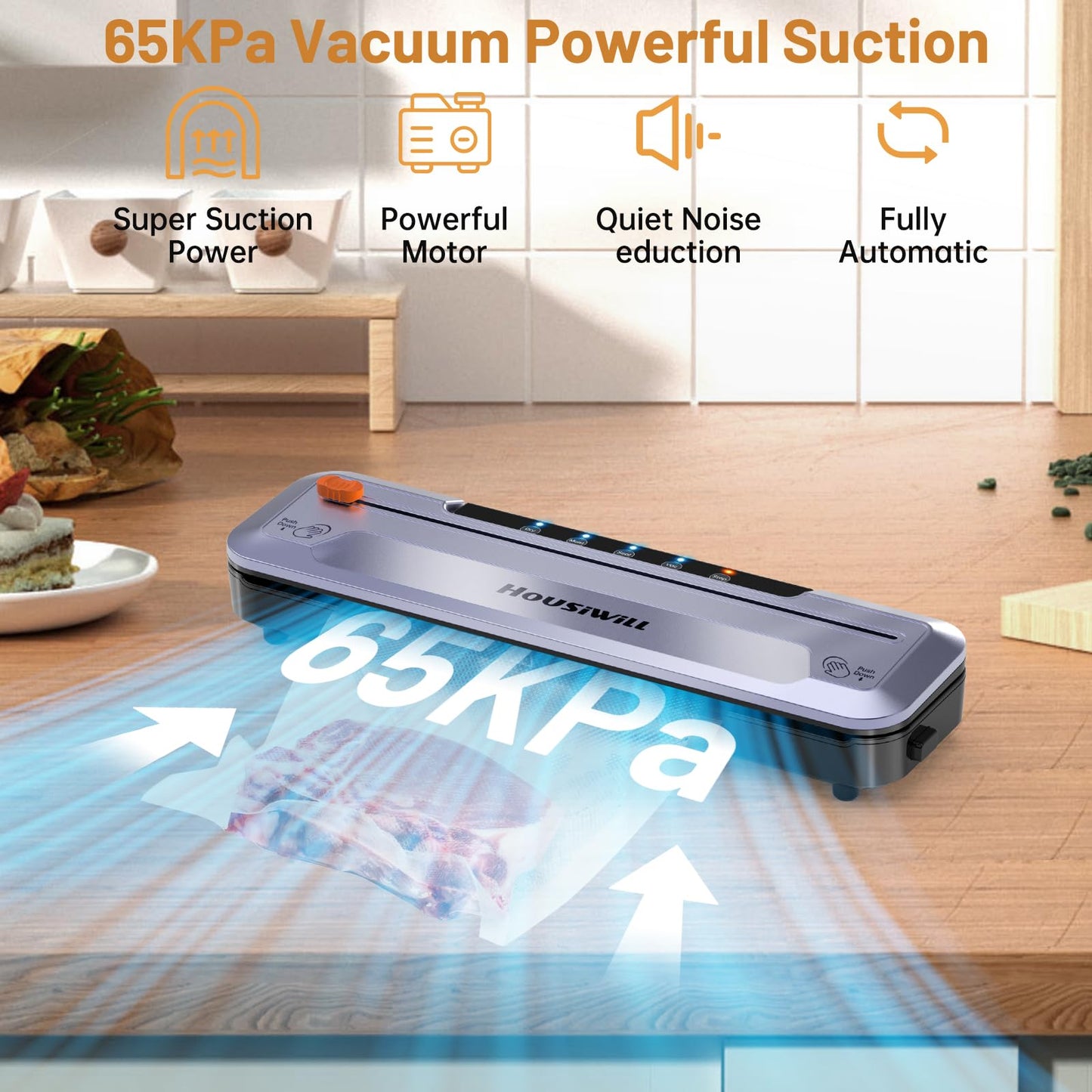 Housiwill Vacuum Sealer, 5-in-1 vacuum sealer with built-in cutter, food sealing machine for dry/moist food preservation mode, comes with 15 vacuum bags and 1 hose.