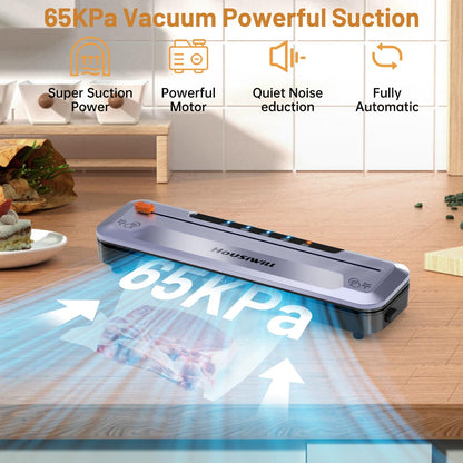 Housiwill Vacuum Sealer, 5-in-1 vacuum sealer with built-in cutter, food sealing machine for dry/moist food preservation mode, comes with 15 vacuum bags and 1 hose.