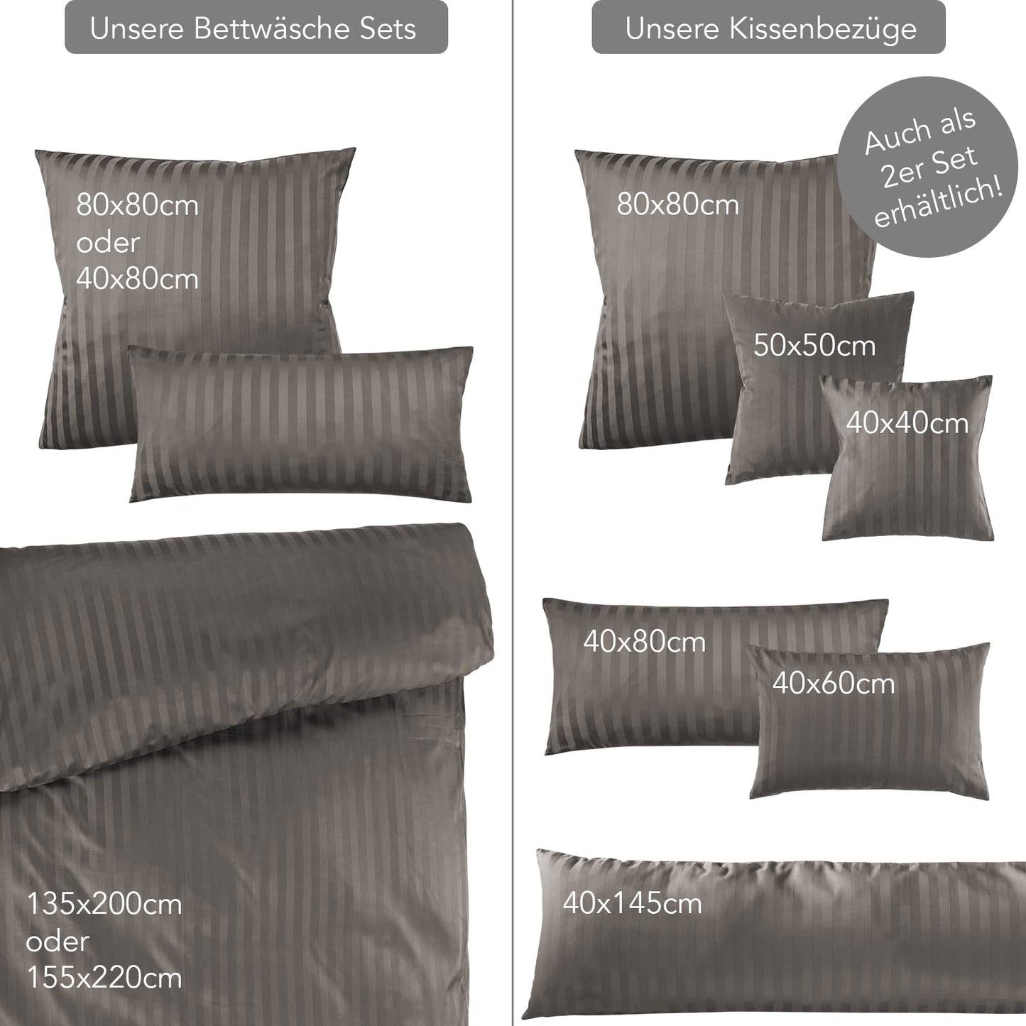 Pure Label 2-Pack Mako Satin Damask Stripe Pillowcases 40x40 cm made of 100% cotton in Taupe| Incredibly soft decorative pillows that match our bed linen sets.