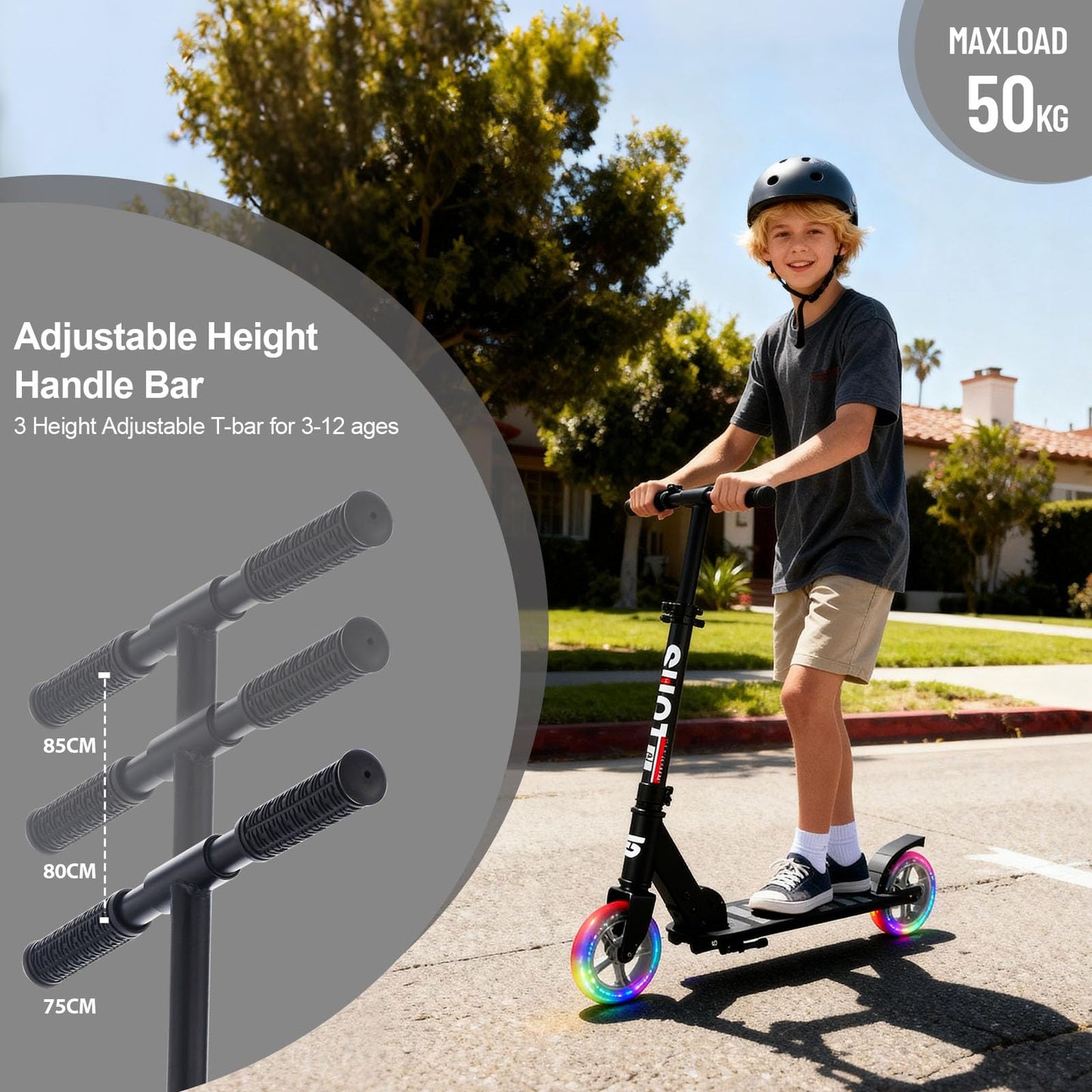 SUOTU Roller for kids with 145mm wheels, scooter with light-up wheel for ages 3-12, foldable, adjustable height, city scooter for boys and girls, aluminum (black)