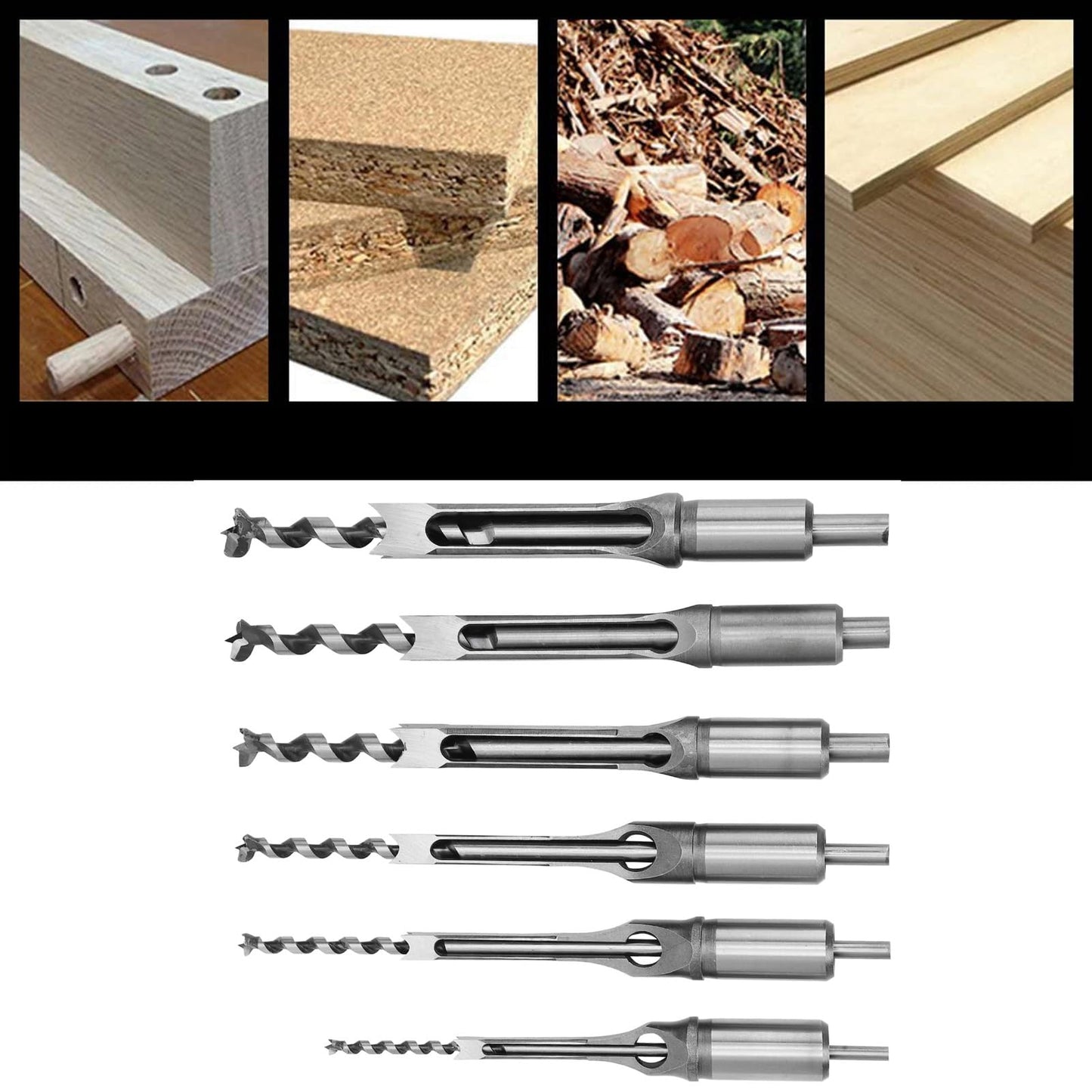 Square Hole Drill Bit Wood, 6 Pcs Square Hole Drill Bit Set Steel Woodworking Tools Spiral Drill Kits for Woodworking 6.35mm/8mm/9.5mm/12.7mm/14mm/16mm