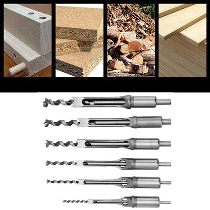 Square Hole Drill Bit Wood, 6 Pcs Square Hole Drill Bit Set Steel Woodworking Tools Spiral Drill Kits for Woodworking 6.35mm/8mm/9.5mm/12.7mm/14mm/16mm