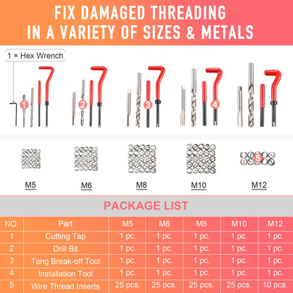Orion Motor Tech 131-piece Thread Repair Kit Helicoil Set Thread Repair Tools Drill Sleeves M5 M6 M8 M10 M12 Inserts Sleeves.