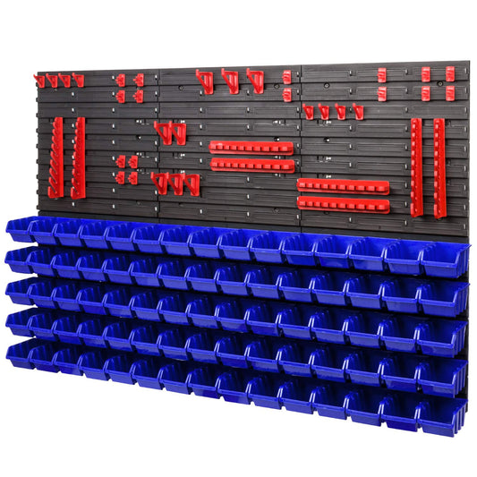 PAFEN storage system wall shelf XXL 1158 x 780 mm - Extra strong tool wall with stacking boxes - 111 pieces - Red tool holders + Blue boxes