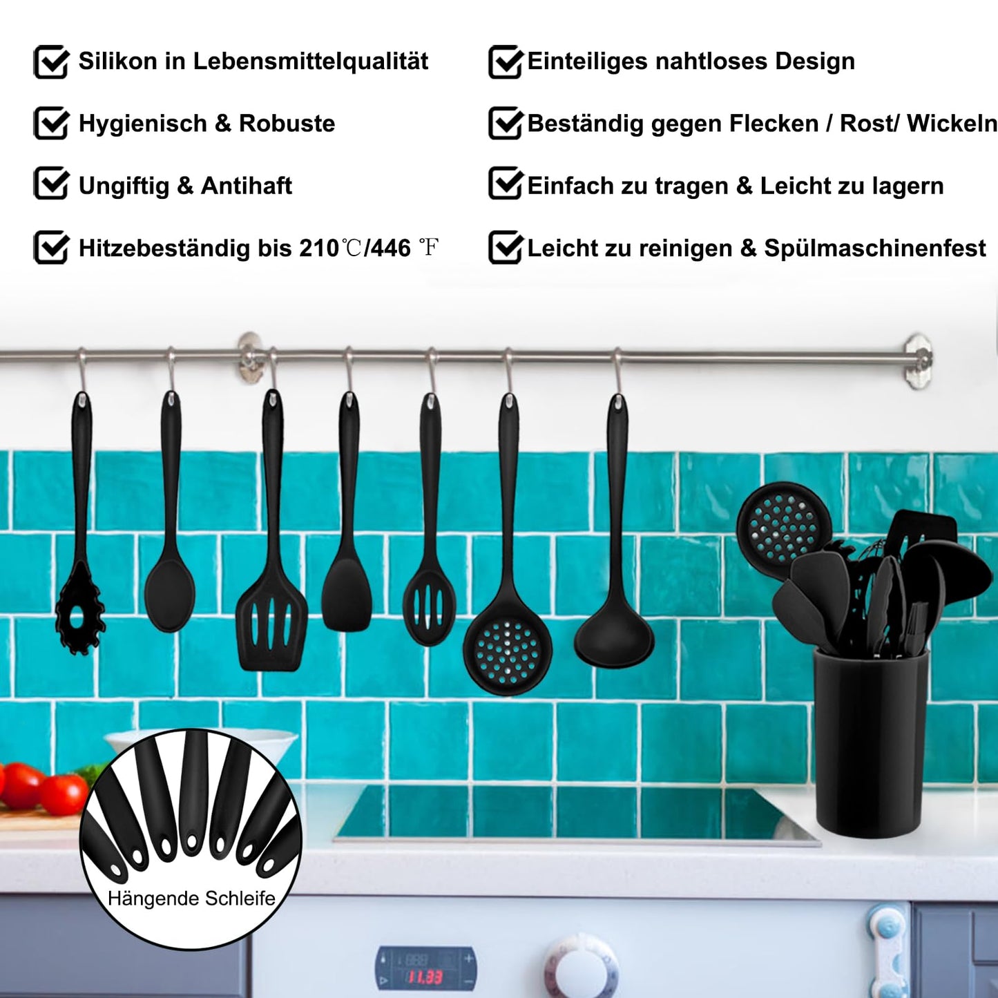 Homikit Silicone Kitchen Utensil Set, 12 Pieces Black Cooking Utensils Cookware, Heat-Resistant Cooking Utensil Set with Utensil Holder, Healthy & Non-stick, Dishwasher Safe