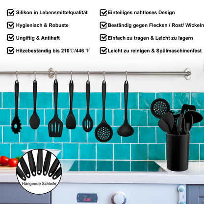 Homikit Silicone Kitchen Utensil Set, 12 Pieces Black Cooking Utensils Cookware, Heat-Resistant Cooking Utensil Set with Utensil Holder, Healthy & Non-stick, Dishwasher Safe