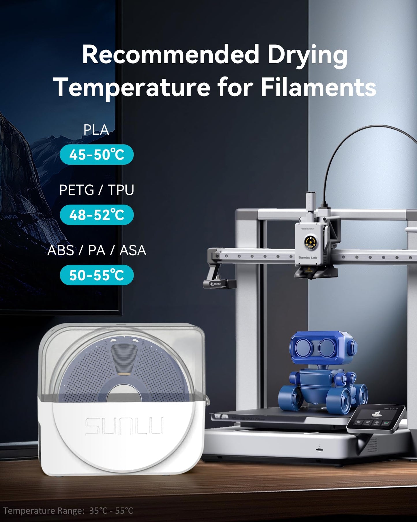 SUNLU 3D Printer Filament Dryer S1 Plus, Built-in Circulating Fan, 3D Filament Dryer for PLA/PETG/TPU and other filaments, 3D Filament Drying Box for 1.75mm/2.85mm/3.00mm. (White)