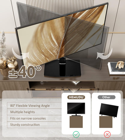 Universal swivel TV stand/tabletop TV stand for 27 to 60 inch TVs. It swivels 80 degrees, has 4 levels of height adjustment, a heavy-duty tempered glass base, and can hold up to 45kg screens. Model HT04B-001P.