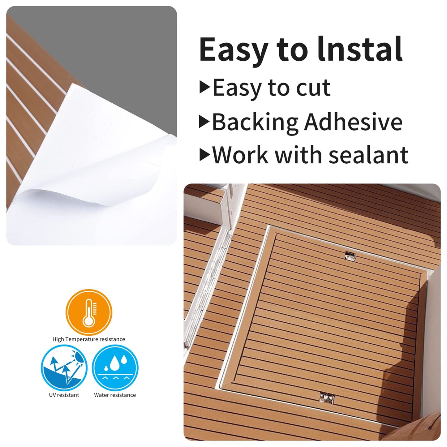 SenMore Eva Teak Self-Adhesive Foam Boat Yacht Flooring Non-Slip Mat Marine Deck Hardware for Boats Yacht Marine Carpet with Self-Adhesive Backing, 240x90cm