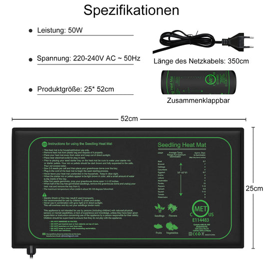 iZELL heating mat for plants with thermostat for seedlings, pets and reptiles - 50W heating mat for germination and temperature regulation, fast warming, safe and durable - 25*52cm