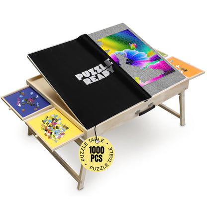 1000 Piece Wooden Puzzle Table - 30" x 24" Folding Puzzle Table with shorter legs, 4 colored drawers, 3 tilt angles & puzzle cover mat - Portable Puzzle Table