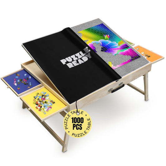 1000 Piece Wooden Puzzle Table - 30" x 24" Folding Puzzle Table with shorter legs, 4 colored drawers, 3 tilt angles & puzzle cover mat - Portable Puzzle Table