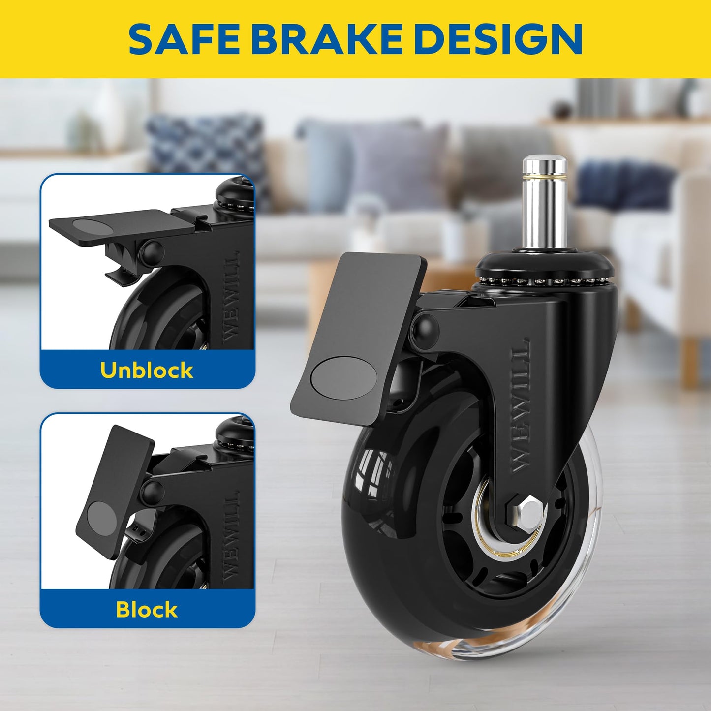 WEWILL office chair casters with lock, 5pcs office chair replacement casters, wear-resistant heavy-duty office chair casters replacement floor protectors with brake (10 * 22mm, not suitable for most casters)