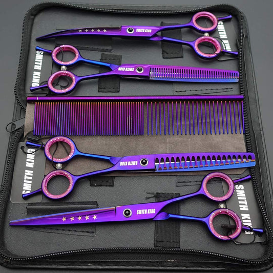 7.0 Inch Professional Dog Grooming Scissors Set Straight & Thinning & Curved & Chunker & Comb 5 Pieces in 1 Set for Left-handed & Right-handed.
