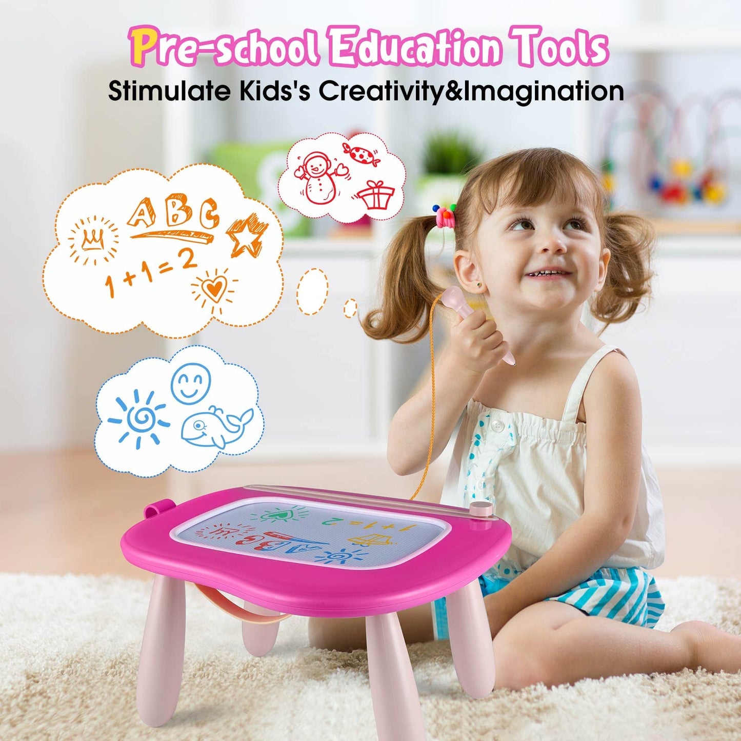 Smashagon children's toy for ages 1 and up, Magnetic drawing board Colorful doodle board with 4 legs for kids Gift for 1 2 3 years old Girl Boy Toy (Rose)