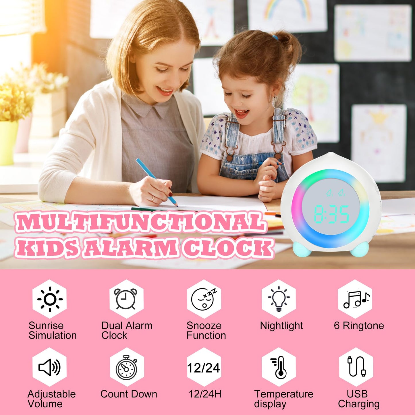 Ayybboo Kids Alarm Clock Digital, Alarm Clock Digital Sunrise Simulator Kids Alarm Clock for Girls Boys with Colorful Lights Quiet Alarm Clock No Ticking Bedroom (White)