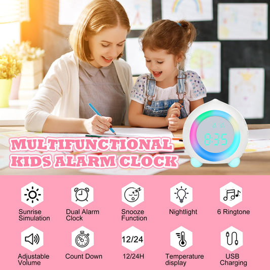 Ayybboo Kids Alarm Clock Digital, Alarm Clock Digital Sunrise Simulator Kids Alarm Clock for Girls Boys with Colorful Lights Quiet Alarm Clock No Ticking Bedroom (White)