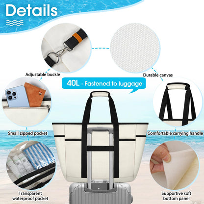 Lubardy Beach Bag XXL Family Large Beach Bag Women Beach Bag XXL Shopper Women Large with Zipper Waterproof 40L Multiple Pockets for Beach Travel Swimming Gym 40L Beige