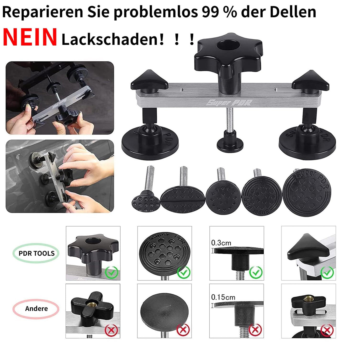PDR Tools Dent Repair Kit, Paintless Dent Repair Kit with New Long Tabs made from Aluminum Alloy for damage from large dents, small dents, creases, and hail damage.