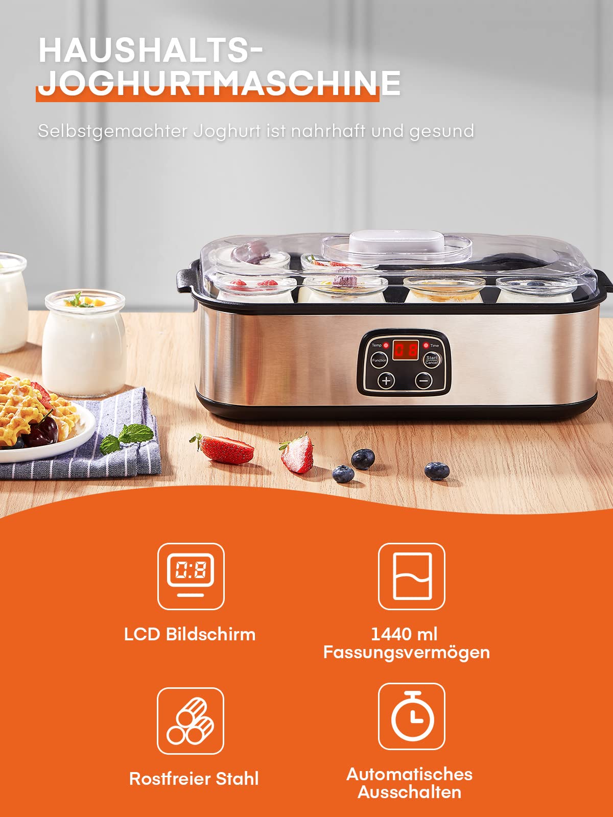 Yogurt maker, Greek yogurt machine with 8 jars/lids, One-touch display: Perfect for organic, sweetened, flavored, plain, or sugar-free options for babies, kids, and parfaits.