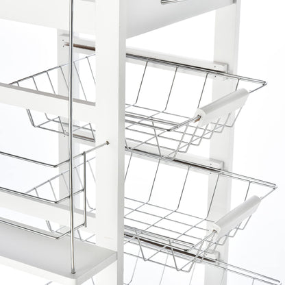 HOMCOM kitchen cart, 5-tier serving cart with countertop, rolling cart, kitchen shelf with wheels, drawer, and metal baskets, pine wood white 47 x 37 x 83 cm