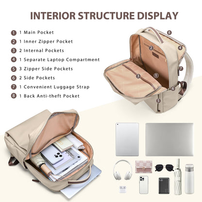 GOLF QUALITY laptop backpack, carry-on backpack 16 inches, backpack for women and men, waterproof business backpack, daypack for school, cycling, leisure, and travel in apricot color.