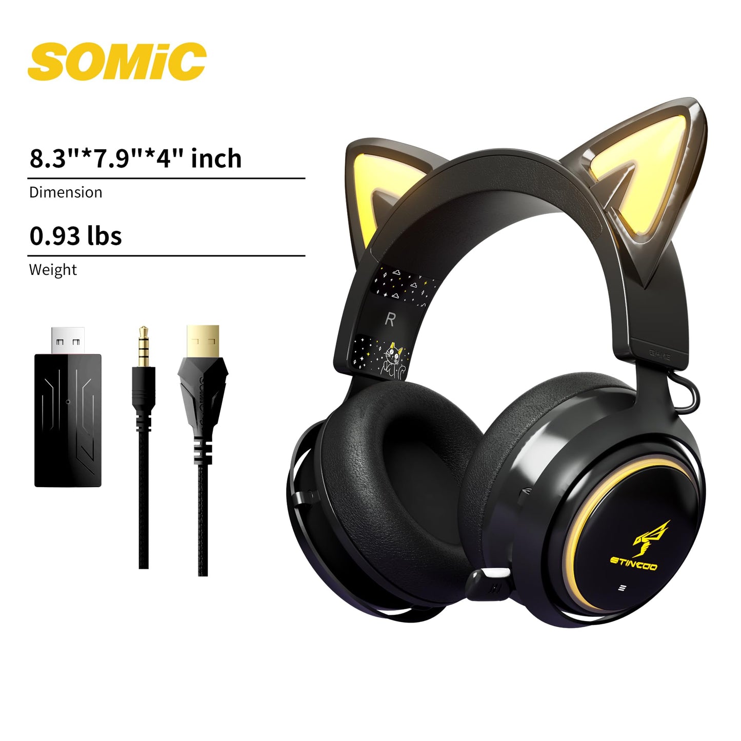 Somic Wireless Gaming Headset, Bluetooth headset for smartphone, retractable microphone, 7.1 surround sound, 50mm drivers, RGB lighting, cute cat ear headphones for girls, Black