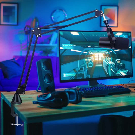 YOUSHARES microphone arm, microphone wall mount, metal table mounting clamp with pop filter for Shure MV7 microphone could allow for wall and table mounting.