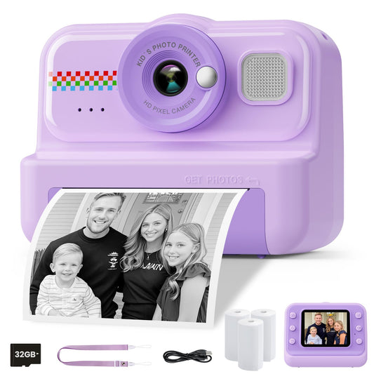 HiMont kids camera instant camera, 1080P instant camera for kids with 32GB card & 3 rolls of print paper, fun kids toy gifts for boys & girls aged 3-12.