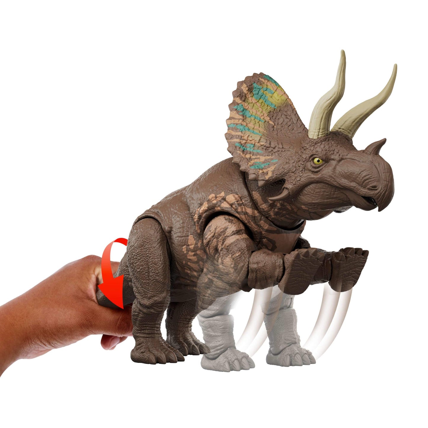 Mattel Jurassic World: The Rebirth Gigantic Thrashers Eotriceratops dinosaur toy figure, large dinosaur species, with two activatable rage attacks, digital game, JGB93.
