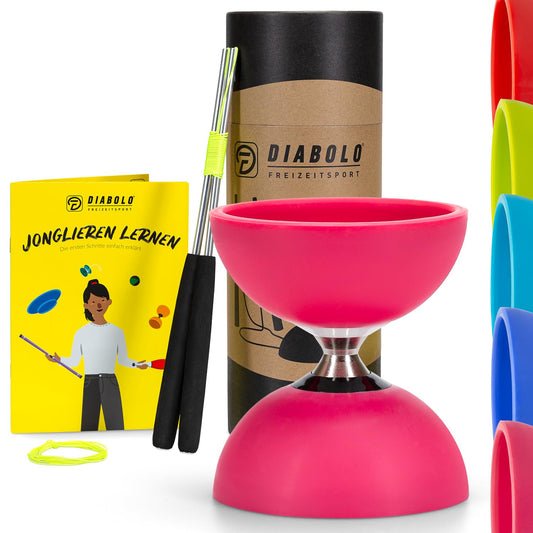 Diabolo recreational sport juggling set Pro with ball-bearing diabolo (pink), aluminum handsticks, replacement string, instructions - with gift packaging.